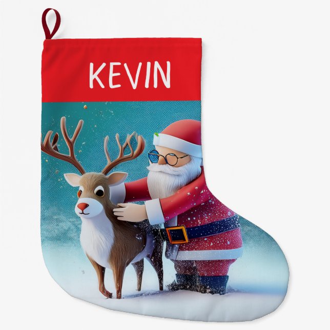 Ein süßer, fröhlicher Weihnachtsmann und Rudolf im Großer Weihnachtsstrumpf (Vorderseite)