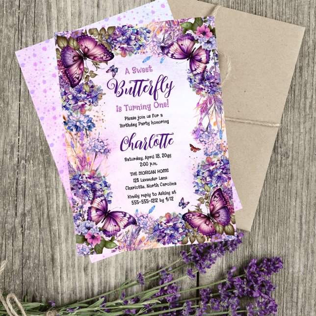 Ein süßer Schmetterling macht ein Mädchen zum erst Einladung (A Sweet Butterfly Is Turning One Girl Butterflies and Floral 1st Birthday Party Invitation)