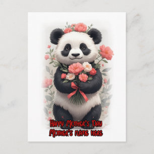 Ein süßer wilder Panda umgeben von Blumen auf eine Feiertagspostkarte