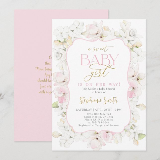Ein süßes Baby Mädchen Hydrangea Baby Dusche Einla Einladung (Vorne/Hinten)