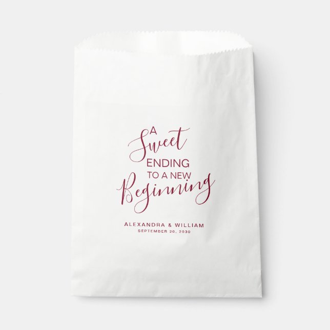Ein süßes Beginnbüffet für Burgund-Hochzeit-Süßigk Geschenktütchen (Vorderseite)
