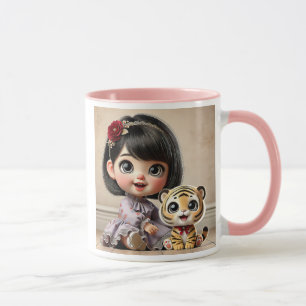 Ein süßes kleines Mädchen und ihr Plüschtiger. Tasse