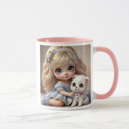 Ein süßes Mädchen mit einem Welpen im Stil Tasse