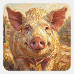Ein süßes Schwein auf einem schmutzigen Bauernhof Quadratischer Aufkleber