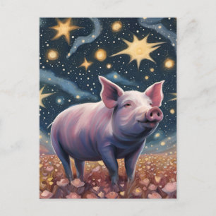 Ein süßes Schwein in der sternenklaren Nacht Postk Postkarte