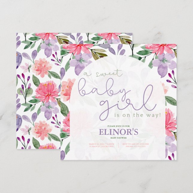 Ein Sweet Baby Girl Lila & Pink Floral Baby Dusche Einladung (Vorne/Hinten)