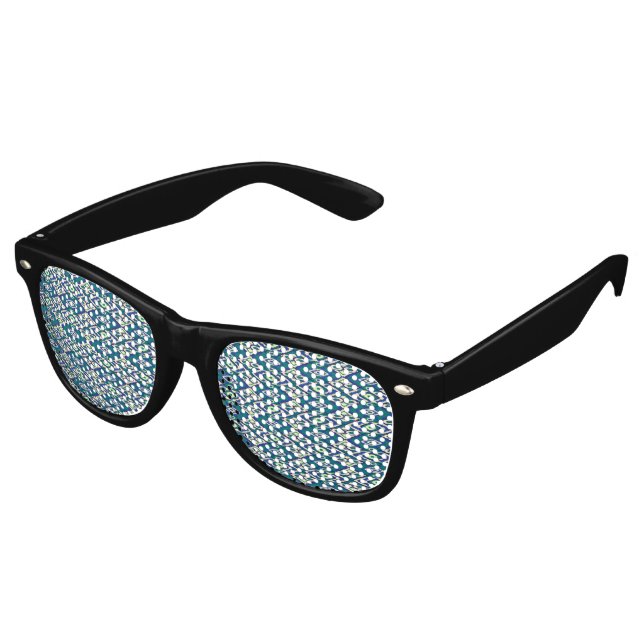 Ein symmetrischer blau-weißer Teppich mit komplizi Partybrille (Schrägansicht)