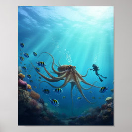 Ein Taucher bewundert eine riesige Meereskreatur Poster