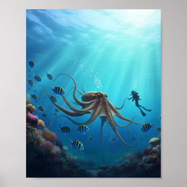Ein Taucher bewundert eine riesige Meereskreatur Poster (Vorne)
