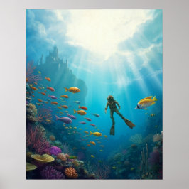 Ein Taucher entdeckt ein Schloss im Riff Poster