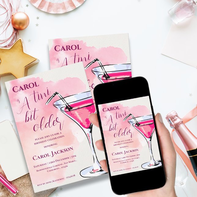 Ein Tini Bit Ältere Pink Martini Cocktail Geburtst Einladung (A Tini Bit Older Pink Martini Cocktail Birthday Invitation)