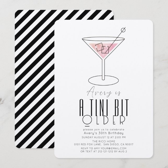 Ein Tini etwas älter, modern pink Martini Geburtst Einladung (Vorne/Hinten)