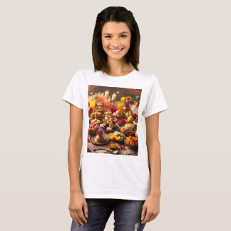 ein Tisch voller Lebensmittel, einschließlich Obst T-Shirt