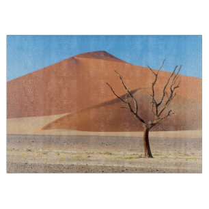 Ein toter Baum in einer Wüstenebene mit Dünen Schneidebrett