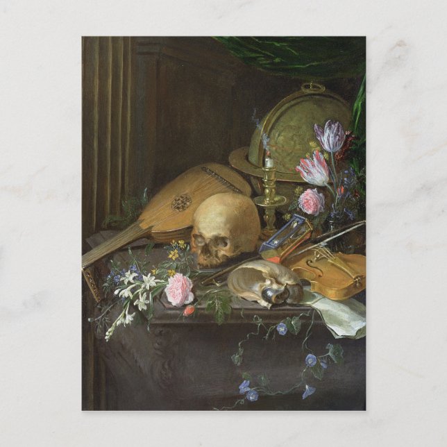 Ein Vanitas Stillleben mit einem Nautilus und eine Postkarte (Vorderseite)