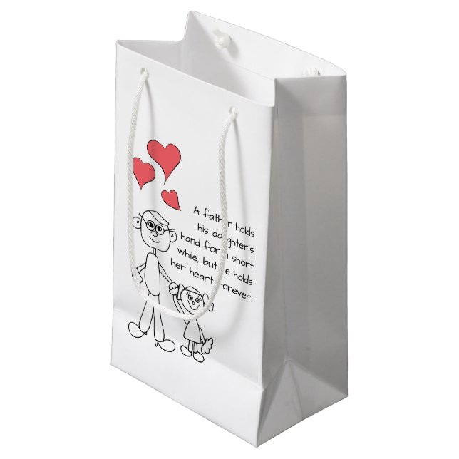 Ein Vater hält die Hand seiner Tochter Kleine Geschenktüte (Vorderseite Schrägansicht)
