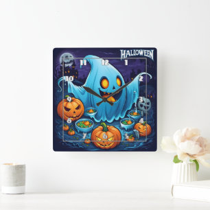 Ein verspielter Halloween-Geist mit Kürbissen in d Quadratische Wanduhr