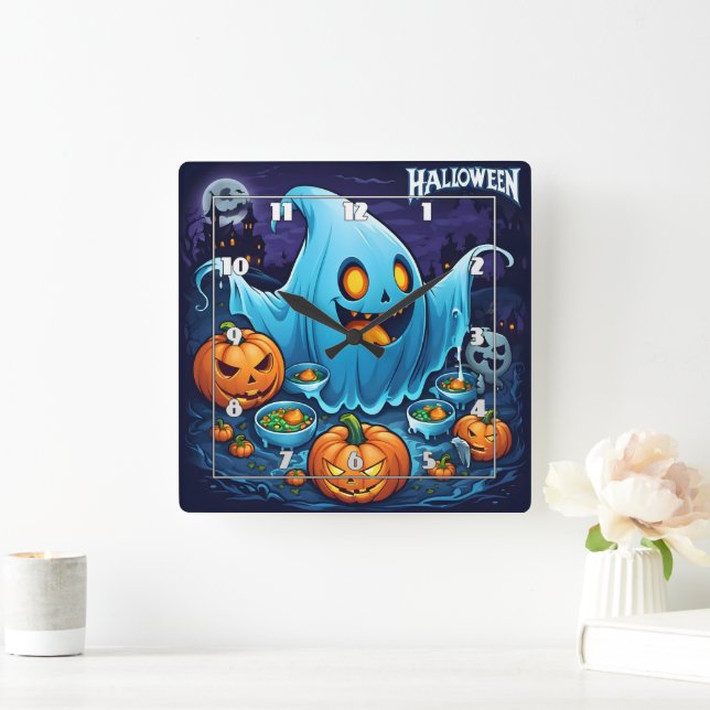 Ein verspielter Halloween-Geist mit Kürbissen in d Quadratische Wanduhr (Zuhause)