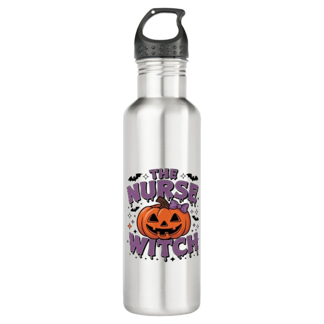 Ein verspieltes Design mit einer Kürbispflegehexe  Edelstahlflasche (Vorderseite)