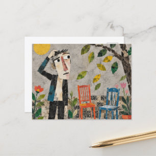 Ein verwirrter Mann im Garten Postkarte