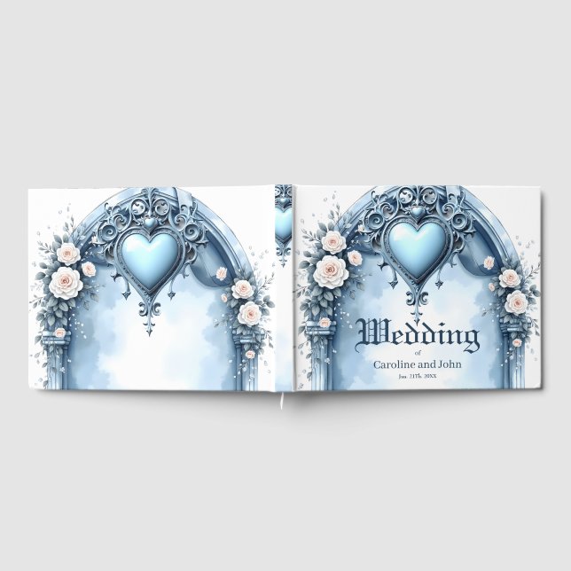 Ein verzierter, hellblauer Bogen mit Blumenakzente Gästebuch (Voll)