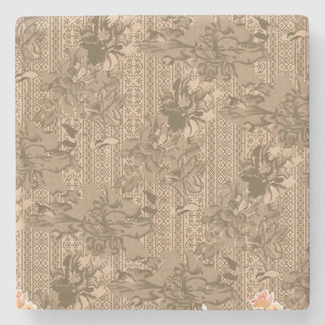 Ein Vintages Blumenmuster mit aufwändiger brauner  Steinuntersetzer (Vorderseite)