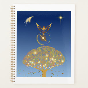 Ein Vogel, der über einen goldenen Baum fliegt Planer