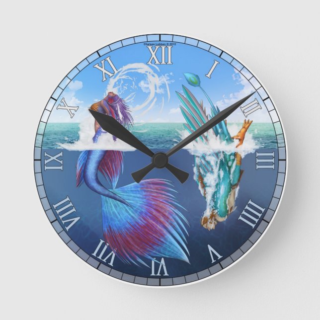 Ein Vogel kann eine Fischuhr Liebe Runde Wanduhr (Vorderseite)