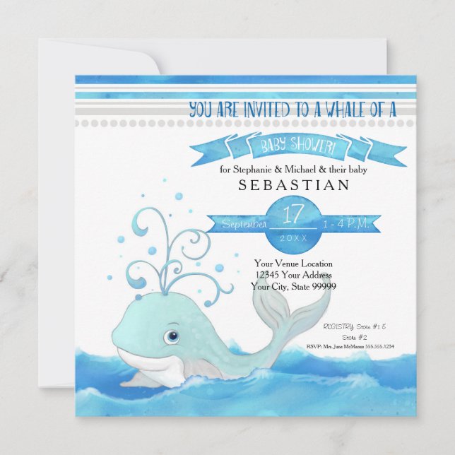 Ein Wal einer Baby-Dusche Niedlich Aqua Blue Gray Einladung (Vorderseite)