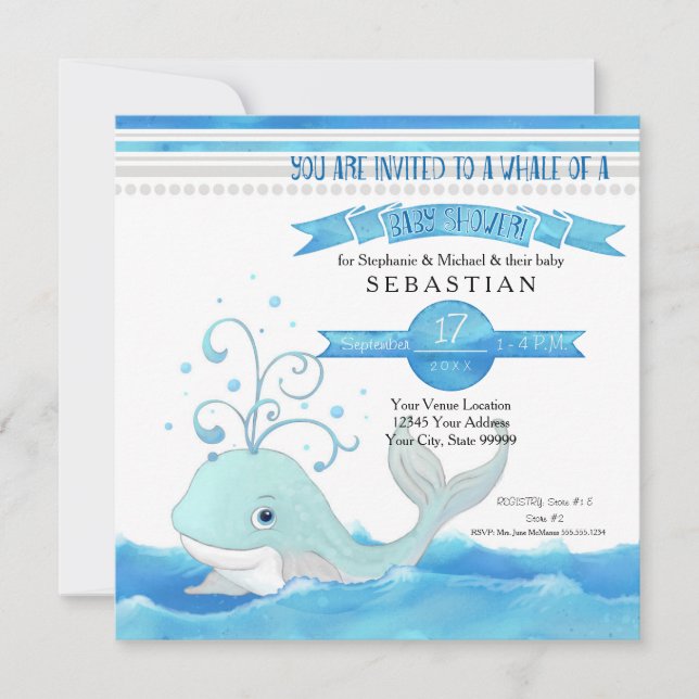 Ein Wal einer Boy Baby Dusche Niedlich Aqua Blue G Einladung (Vorderseite)