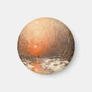 Ein Waldweg mit Jäger bei Sonnenuntergang Magnet