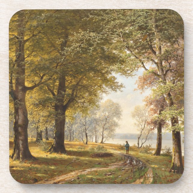 Ein Waldweg mit Wanderer im Herbst Getränkeuntersetzer (Vorderseite)
