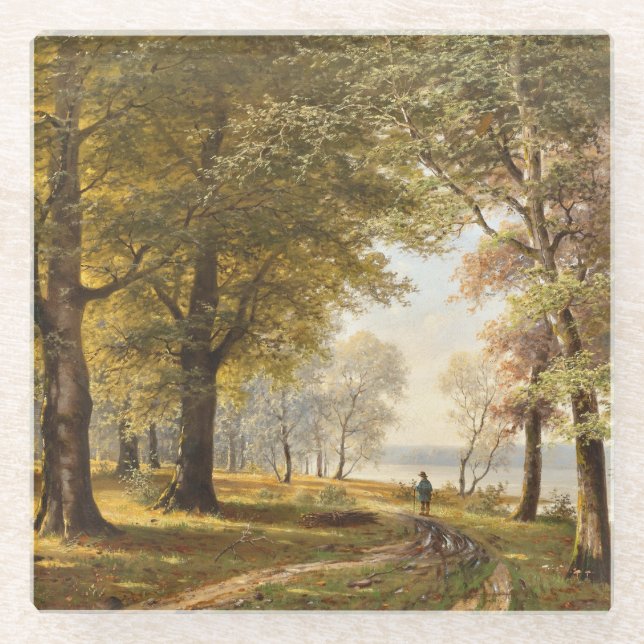 Ein Waldweg mit Wanderer im Herbst Glasuntersetzer (Vorderseite)