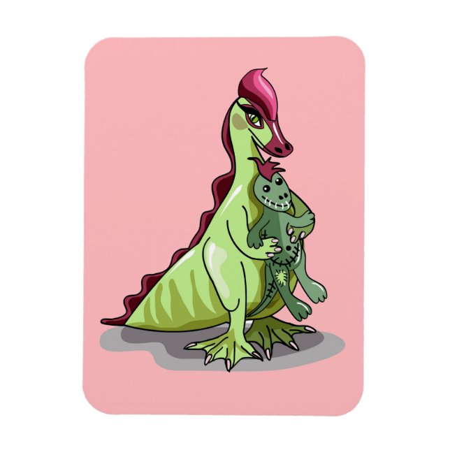 Ein weiblicher Hadrosaurus, der eine Puppe hält. Magnet (Vertikal)