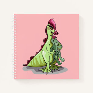 Ein weiblicher Hadrosaurus, der eine Puppe hält. Notizbuch