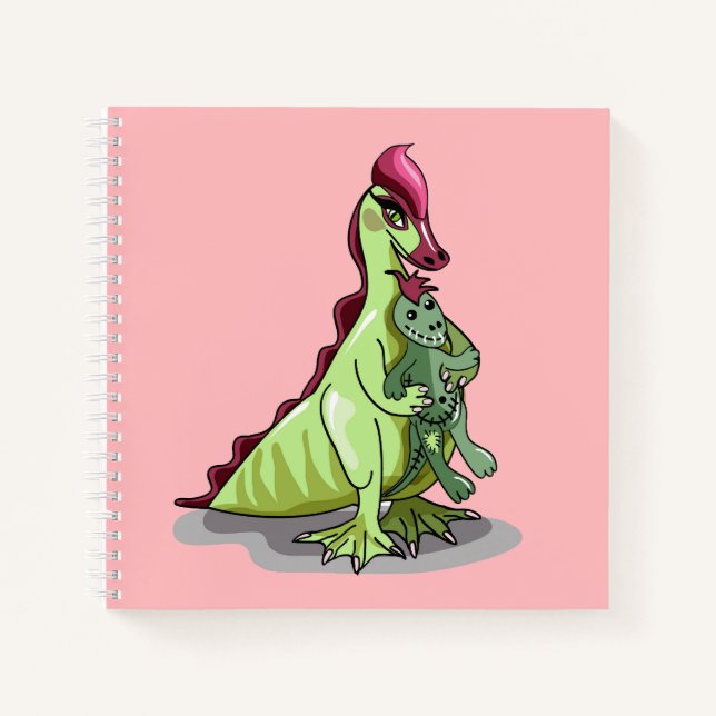 Ein weiblicher Hadrosaurus, der eine Puppe hält. Notizbuch (Vorderseite)