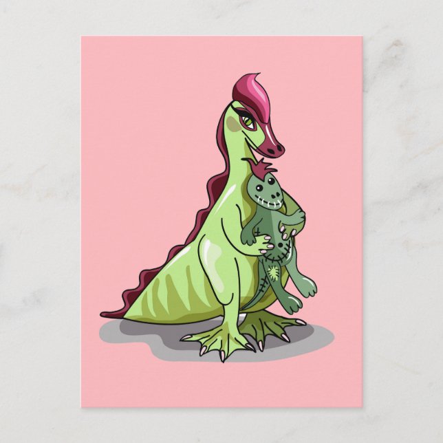 Ein weiblicher Hadrosaurus, der eine Puppe hält. Postkarte (Vorderseite)