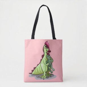 Ein weiblicher Hadrosaurus, der eine Puppe hält. Tasche