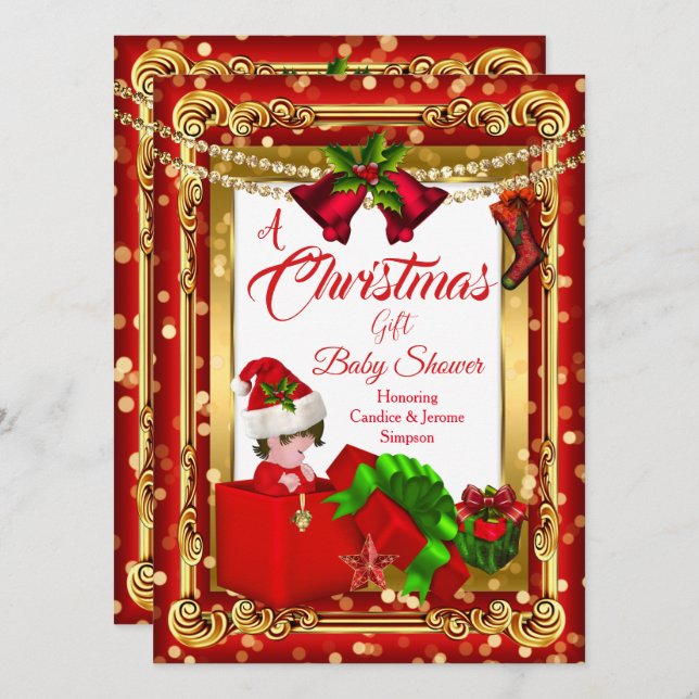 Ein Weihnachtsgeschenk Girl Boy Baby Dusche Red Go Einladung (Vorne/Hinten)