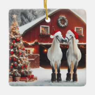 Ein Weihnachtskuss Schöne Weiße Pferde Küssen Keramikornament