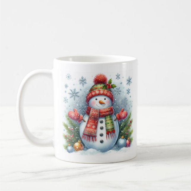 Ein Weihnachtsschneemann auf einer Kälte und Schne Kaffeetasse (Links)