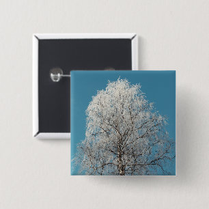 Ein weißer Wildbaum gegen wolkenlosen blauen Himme Button