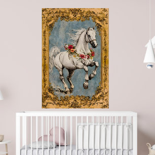 Ein weißes Pferd, geschmückt mit einem Blumen-Flor Poster
