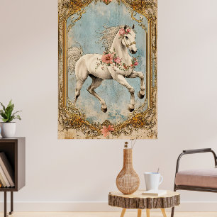 Ein weißes Pferd, geschmückt mit einem Blumenkranz Poster