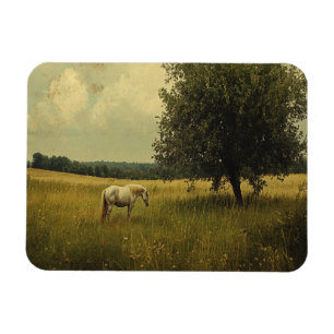 Ein weißes Pferd grast auf einem Feld Magnet