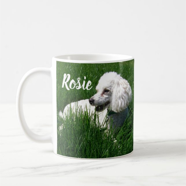 Ein weißes Poodle, das sich in üppig grünem Gras r Kaffeetasse (Links)
