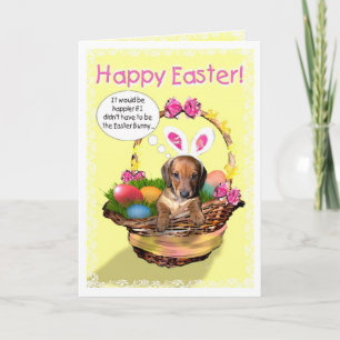 Ein Welpe in einem Korb - fröhliche Ostern! Feiertagskarte