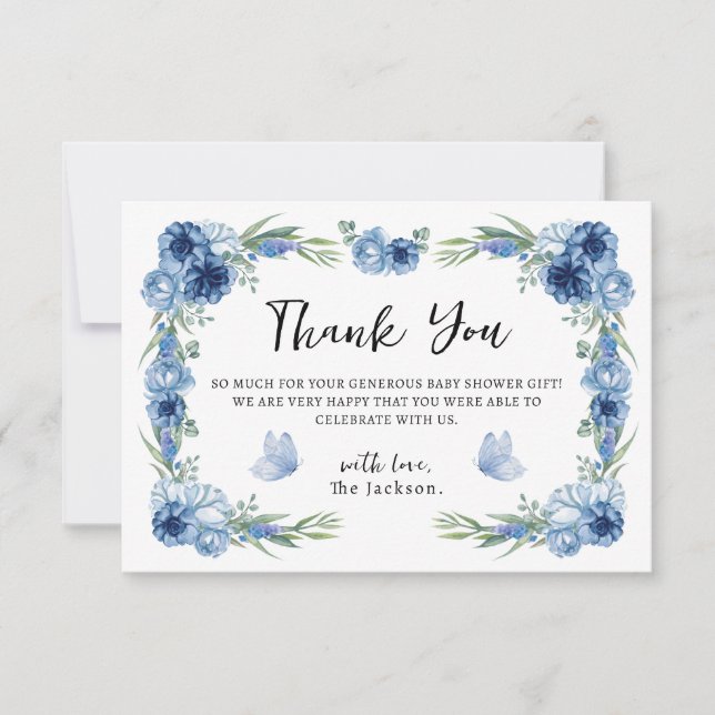 Ein wenig Butterfly Blue Floral Rustikal Vielen Da Dankeskarte (Vorderseite)