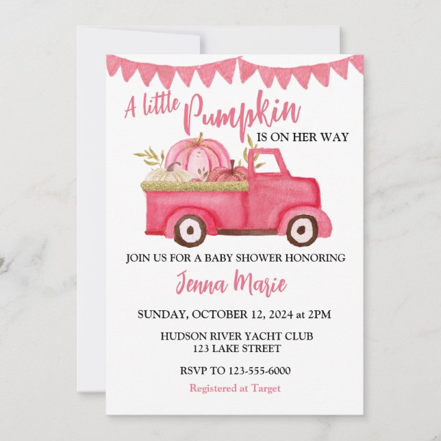 Ein wenig Kürbis Rustikal Pink Truck BABY SHOWER Einladung (Vorderseite)