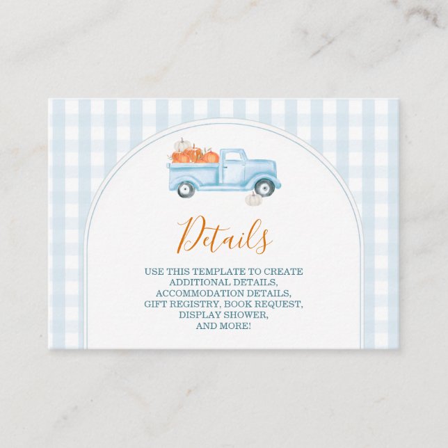 Ein wenig Pumpkin Blue Truck Baby Dusche Detail Begleitkarte (Vorderseite)